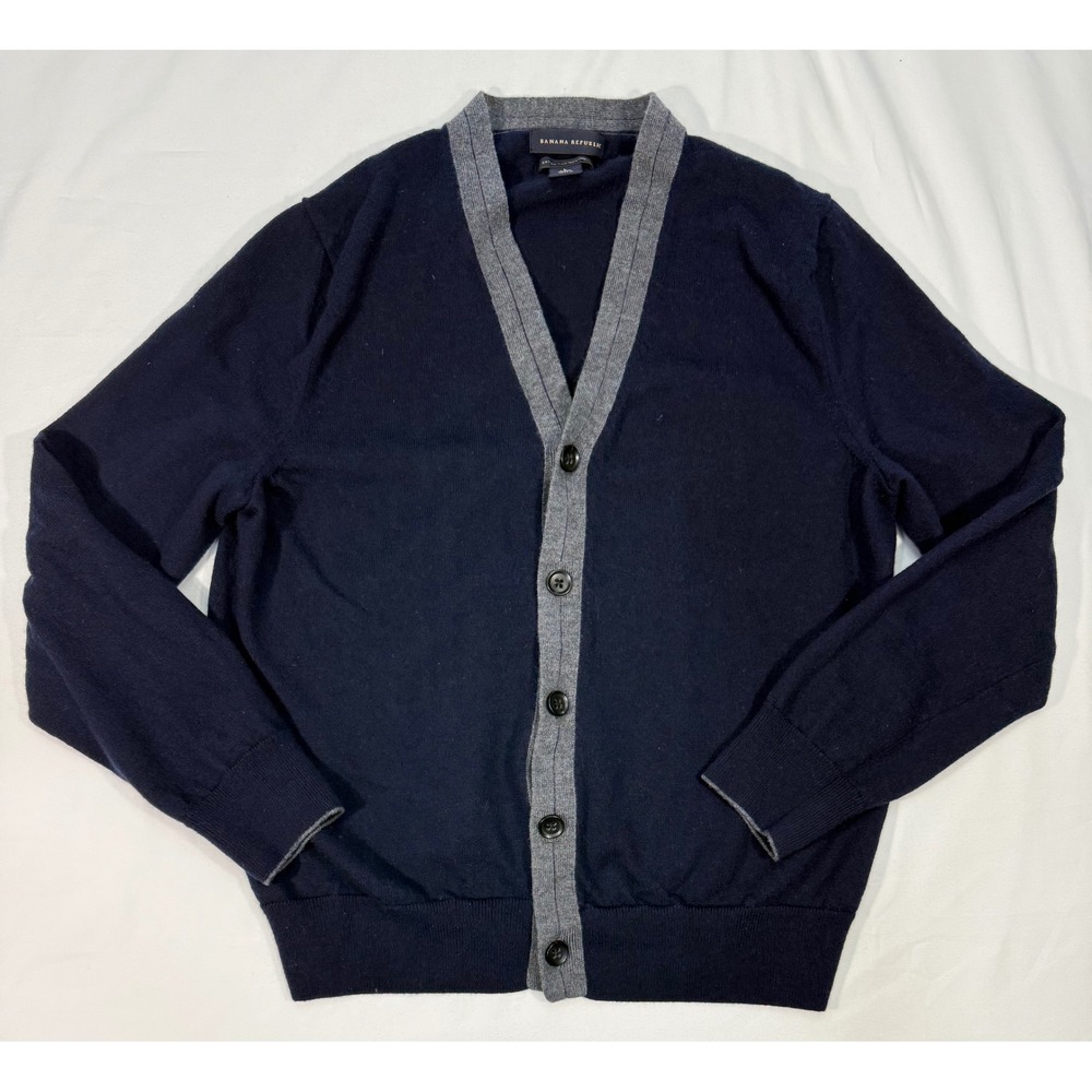 Banana Republic Mens Navy Blue Extra Fine Merino Wool Tipped Cardigan Large
